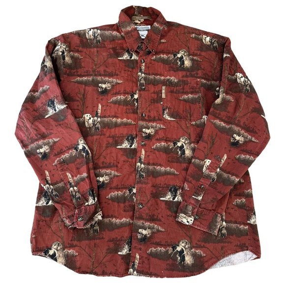 COLUMBIA RIVER LODGE LONG SLEEVE DOG/DUCK AOP RED BUTTON UP MENS LARGE |‎ E2 - Picture 1 of 7